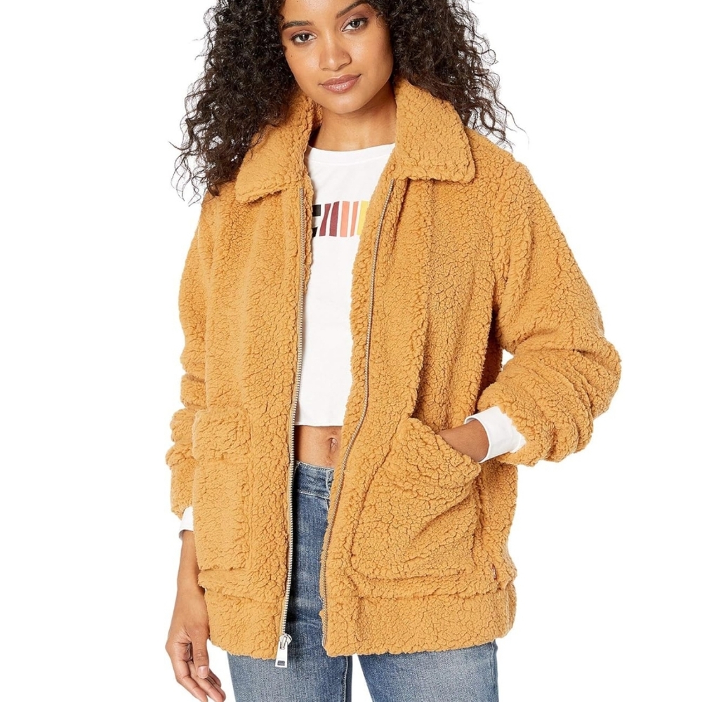 Levi's Women's Soft Sherpa Oversized Zip-Up Teddy Bomber Jacket Camel Brown XS